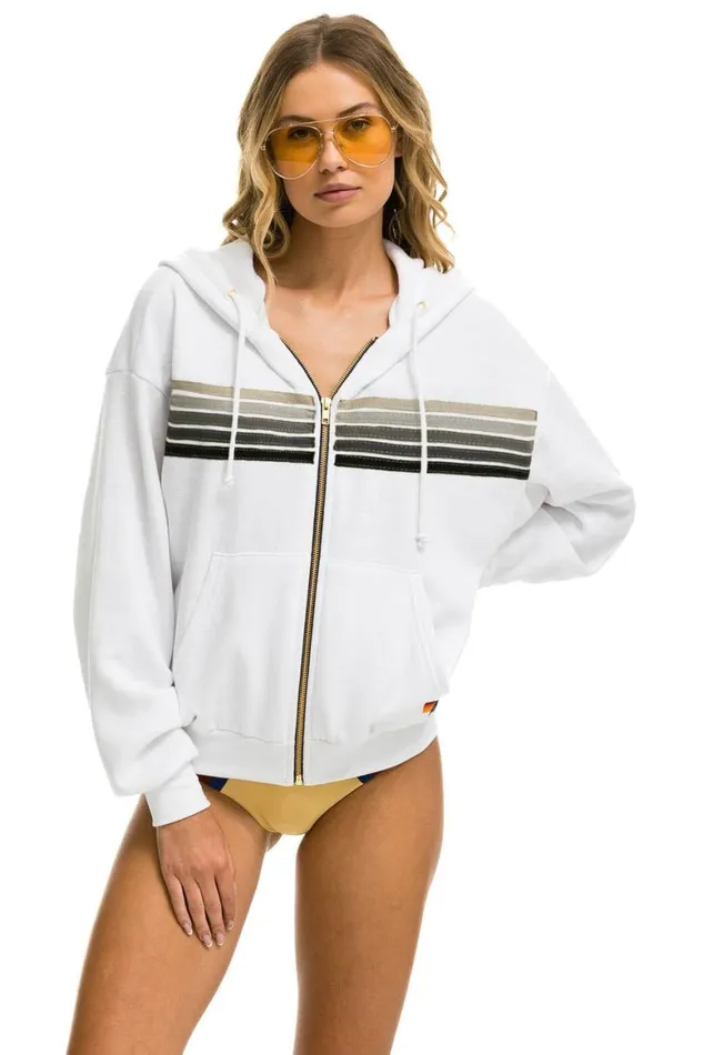 WomenMen Hoodies Aviator Nation 5 Stripe Relaxed Zip Hoodie 8211 White Grey