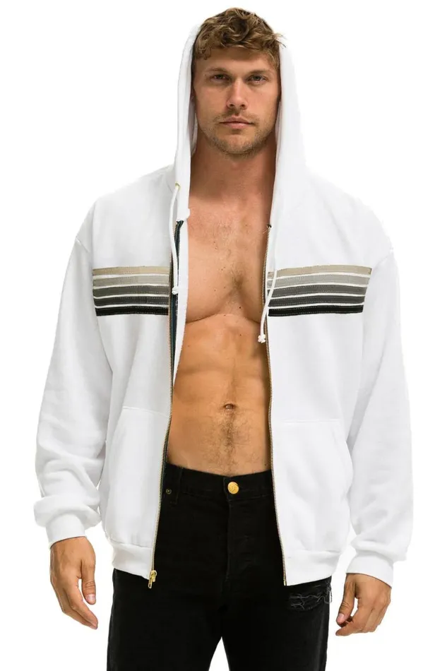 WomenMen Hoodies Aviator Nation 5 Stripe Relaxed Zip Hoodie 8211 White Grey