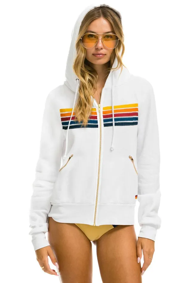 WomenMen Hoodies Aviator Nation 5 Stripe Zip Hoodie W Zip Pockets 8211 White