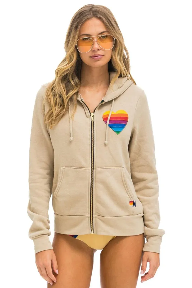 WomenMen Hoodies Aviator Nation Rainbow Heart Stitch Zip Hoodie 8211 Sand
