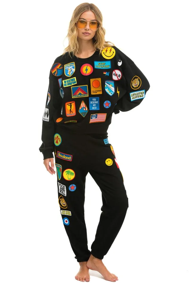 WomenMen Sweatshirts Aviator Nation Vintage Patch Relaxed Crew Sweatshirt 8211 Black