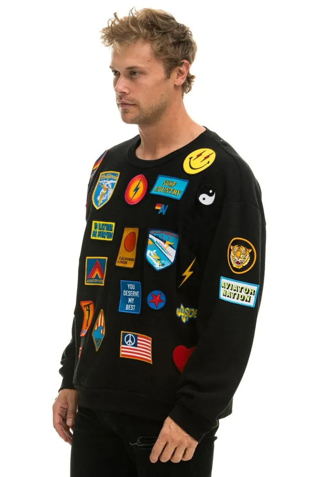 WomenMen Sweatshirts Aviator Nation Vintage Patch Relaxed Crew Sweatshirt 8211 Black