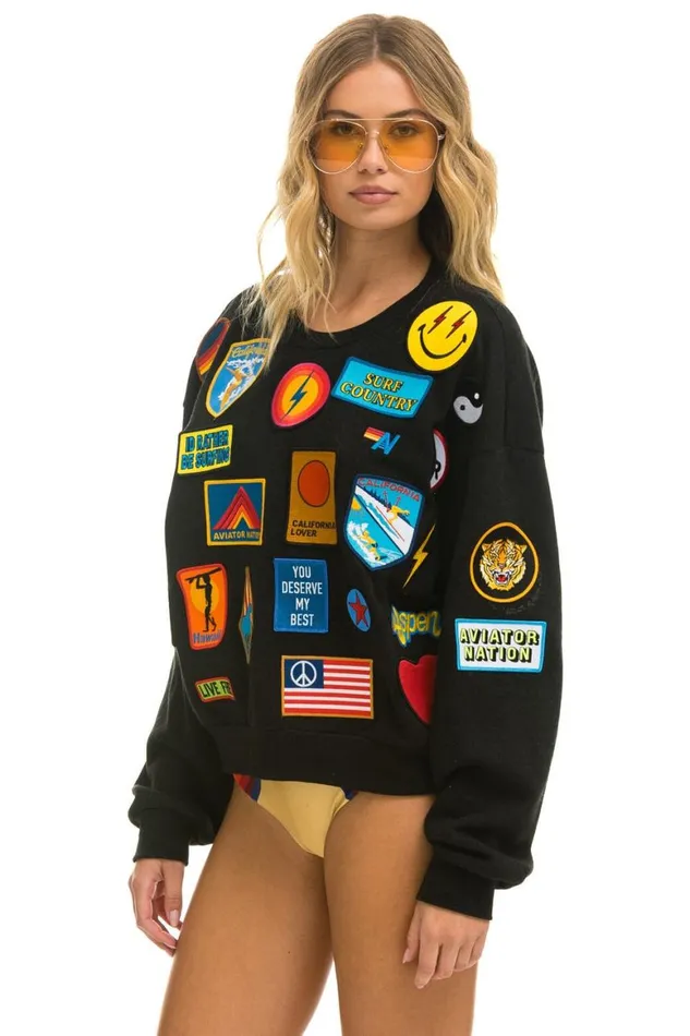 WomenMen Sweatshirts Aviator Nation Vintage Patch Relaxed Crew Sweatshirt 8211 Black