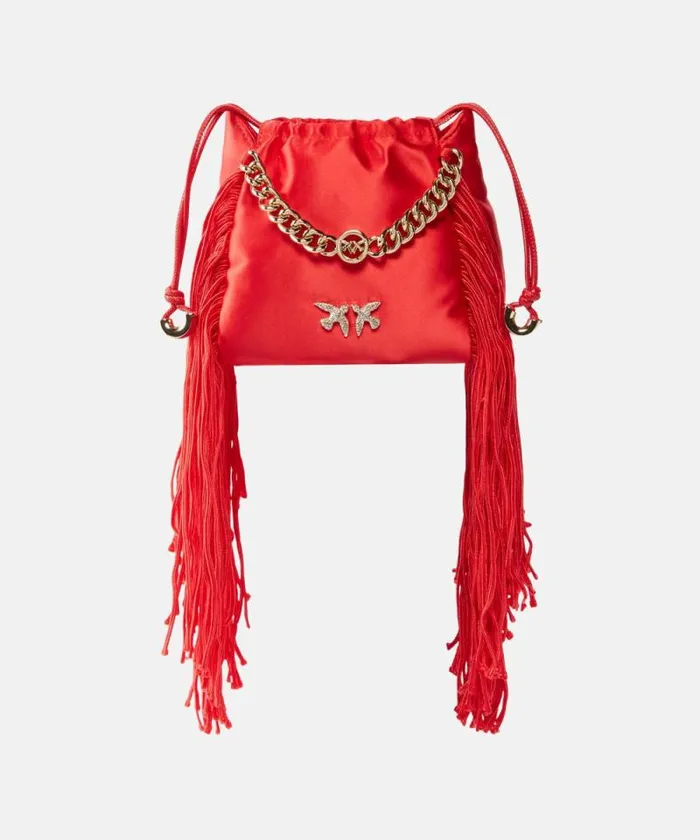 Women Mini Bags Pinko Satin Mini Clutch With Fringing Garnet Redgold
