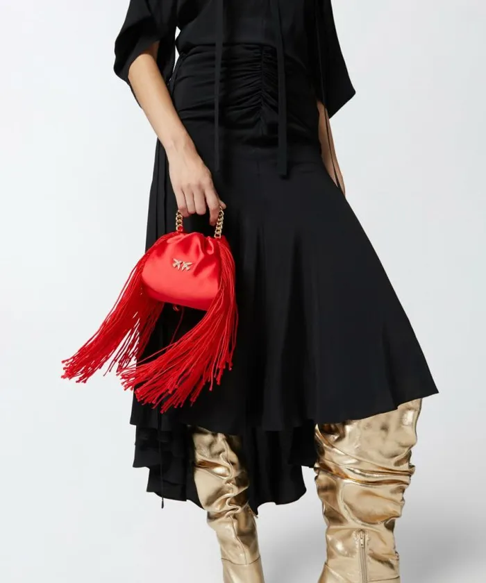 Women Mini Bags Pinko Satin Mini Clutch With Fringing Garnet Redgold Women Mini Bags Pinko Satin Mini Clutch With Fringing Garnet Redgold