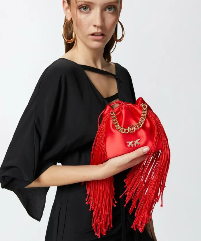 Women Mini Bags Pinko Satin Mini Clutch With Fringing Garnet Redgold Women Mini Bags Pinko Satin Mini Clutch With Fringing Garnet Redgold