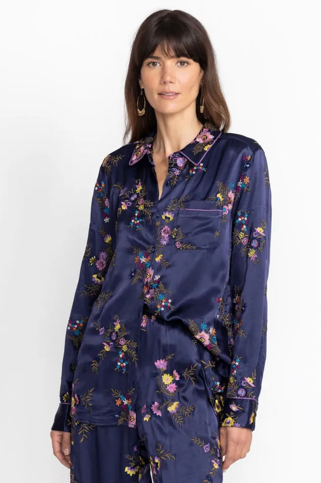 Women Misty Rayon Button Down Shirt Sapphire Blue Johnny Was Tops