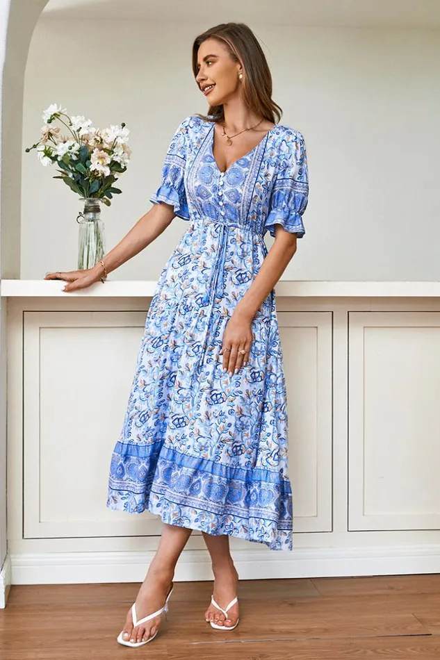 Women New In Dresses Cupshe Gusta Vneck Bubble Sleeve AShape Dress Multicolor