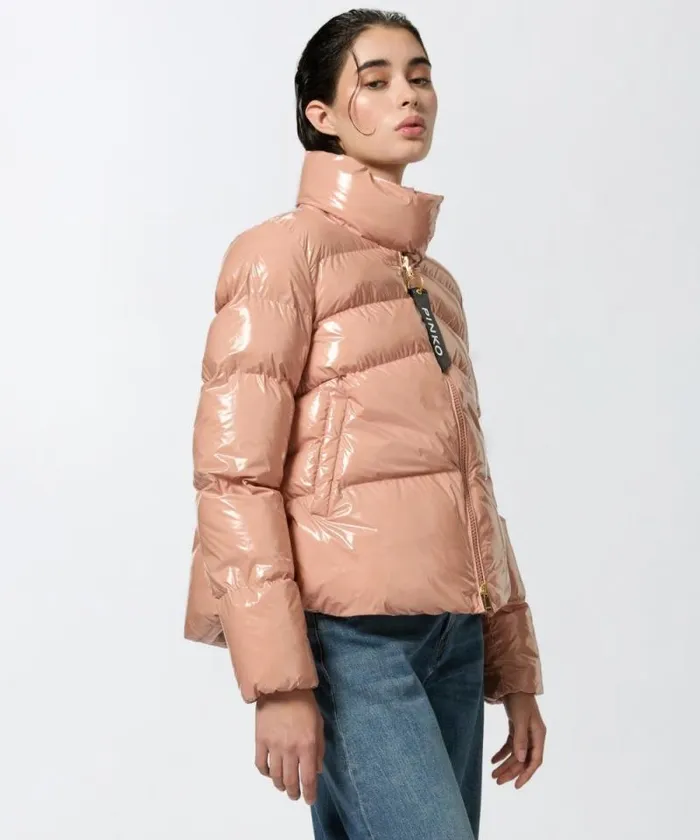 Women Outerwear Pinko Padded Crystal Nylon Pea Jacket Peach Beige