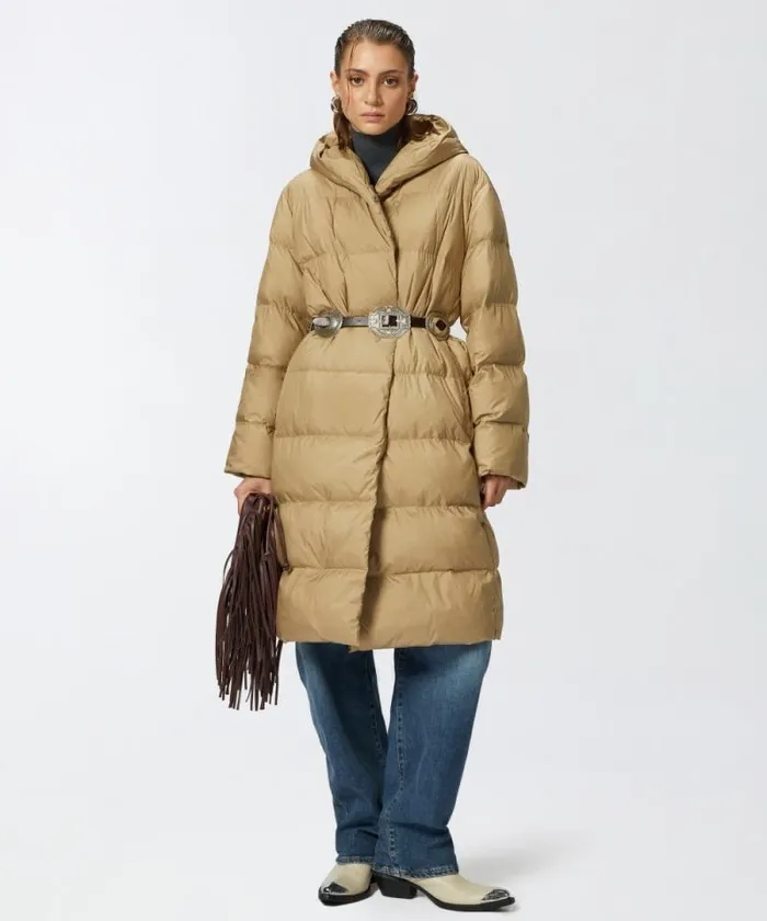 Women Outerwear Pinko Padded Technical Canvas Pea Coat With Belt Beigeterradi Toscana Women Outerwear Pinko Padded Technical Canvas Pea Coat With Belt Beigeterradi Toscana