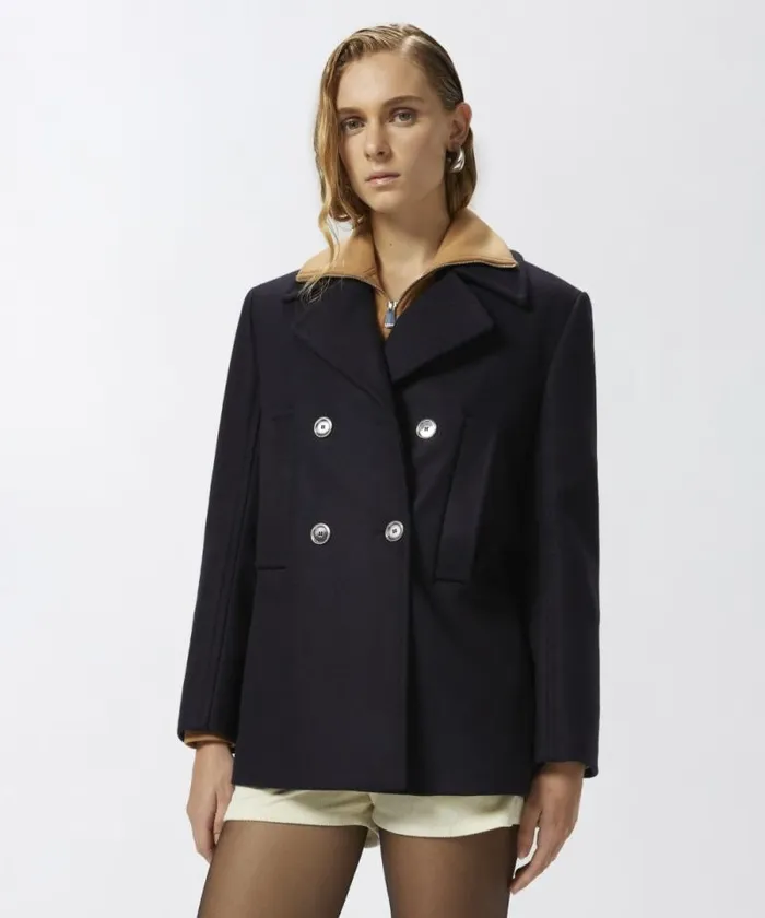Women Outerwear Pinko Short Doublebreasted Woolblend Pea Coat Dark Navy Blue