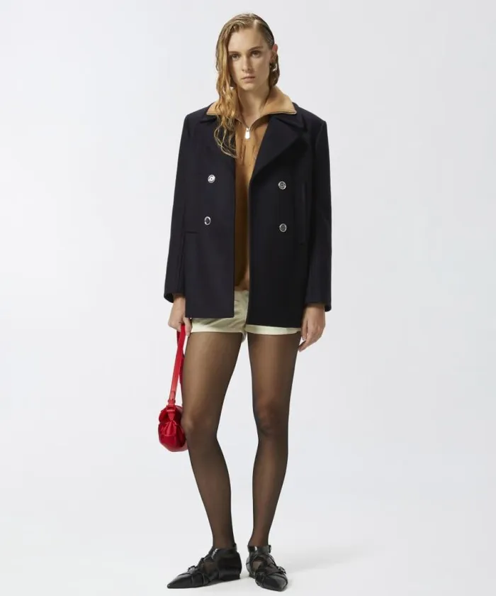 Women Outerwear Pinko Short Doublebreasted Woolblend Pea Coat Dark Navy Blue Women Outerwear Pinko Short Doublebreasted Woolblend Pea Coat Dark Navy Blue