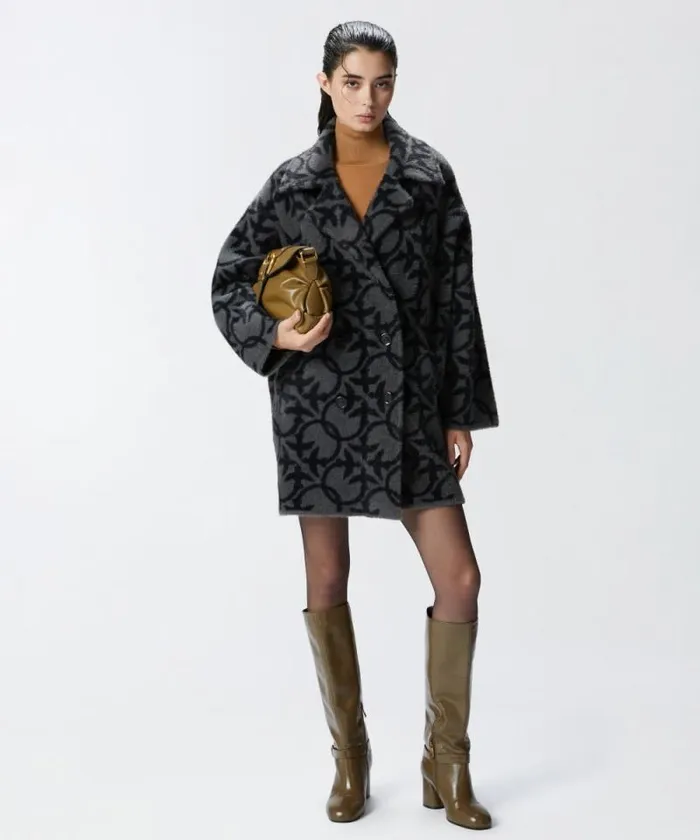 Women Outerwear Pinko Short Faux Fur Coat With Logo Blackgrey