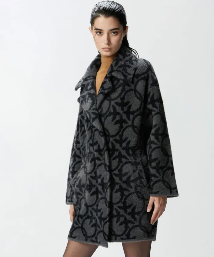 Women Outerwear Pinko Short Faux Fur Coat With Logo Blackgrey Women Outerwear Pinko Short Faux Fur Coat With Logo Blackgrey