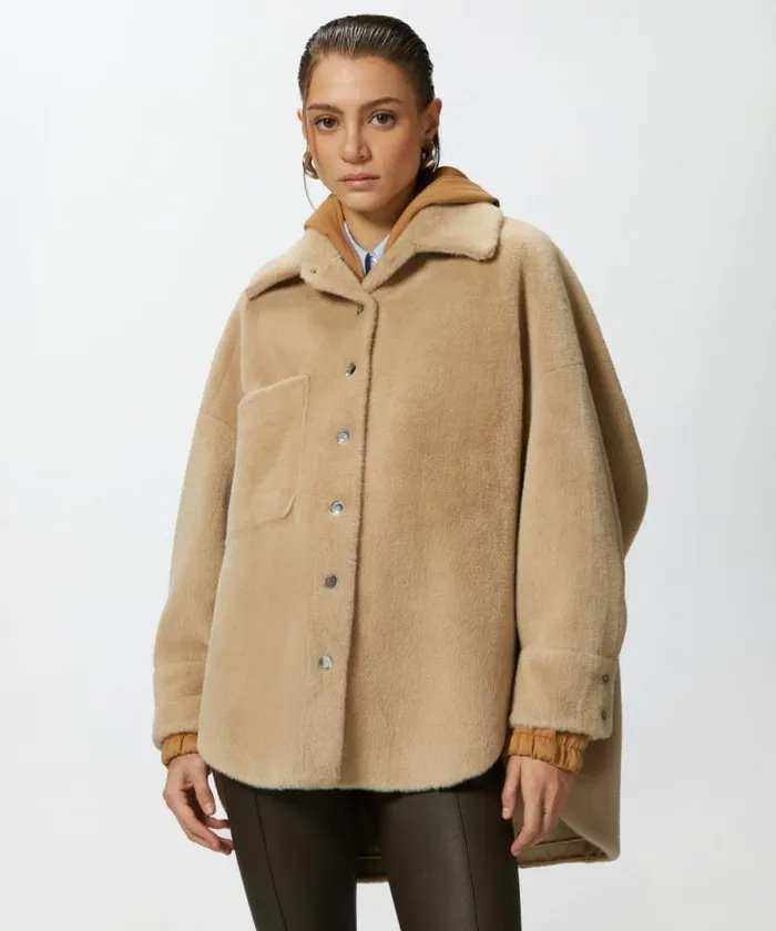 Women Outerwear Pinko Soft Sheepskineffect Shacket Nomade Beige