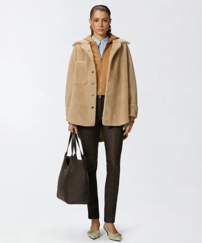 Women Outerwear Pinko Soft Sheepskineffect Shacket Nomade Beige Women Outerwear Pinko Soft Sheepskineffect Shacket Nomade Beige