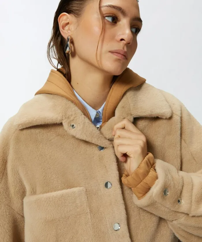 Women Outerwear Pinko Soft Sheepskineffect Shacket Nomade Beige Women Outerwear Pinko Soft Sheepskineffect Shacket Nomade Beige