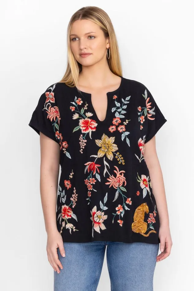 Women PANELED KNIT TEE Black Johnny Was Tops