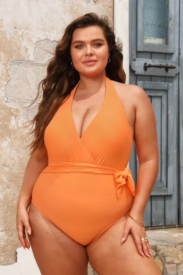 Women Plus Size and Curve Swimsuits Cupshe Summer Of Love Halter Belted Plus Size One Piece Swimsuit Orange Women Plus Size and Curve Swimsuits Cupshe Summer Of Love Halter Belted Plus Size One Piece Swimsuit Orange