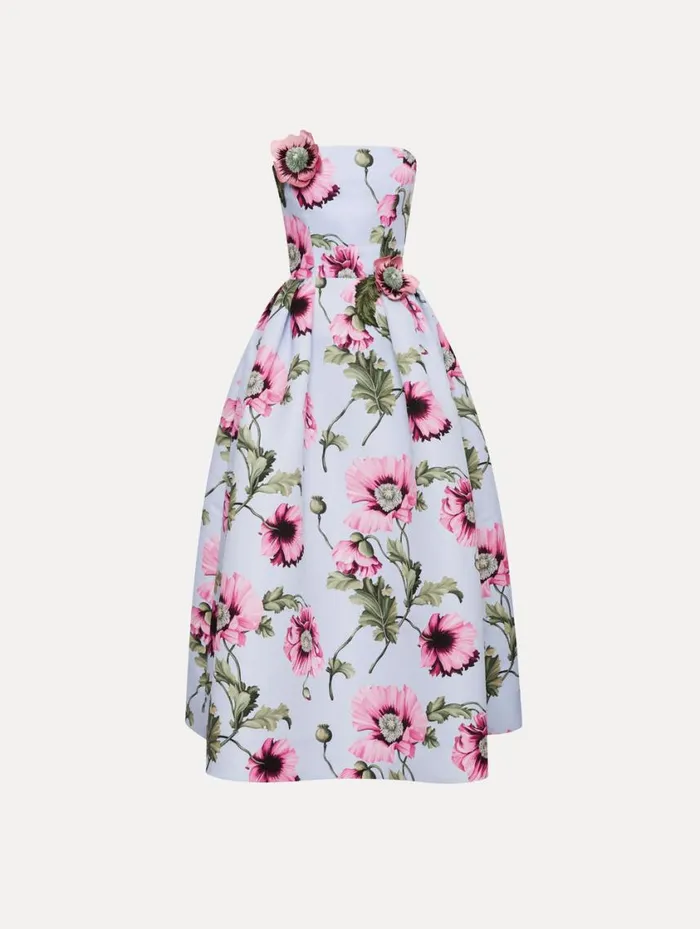 Women Poppy Embroidered Strapless Dress Light Blue Pink Oscar De La Renta Dresses