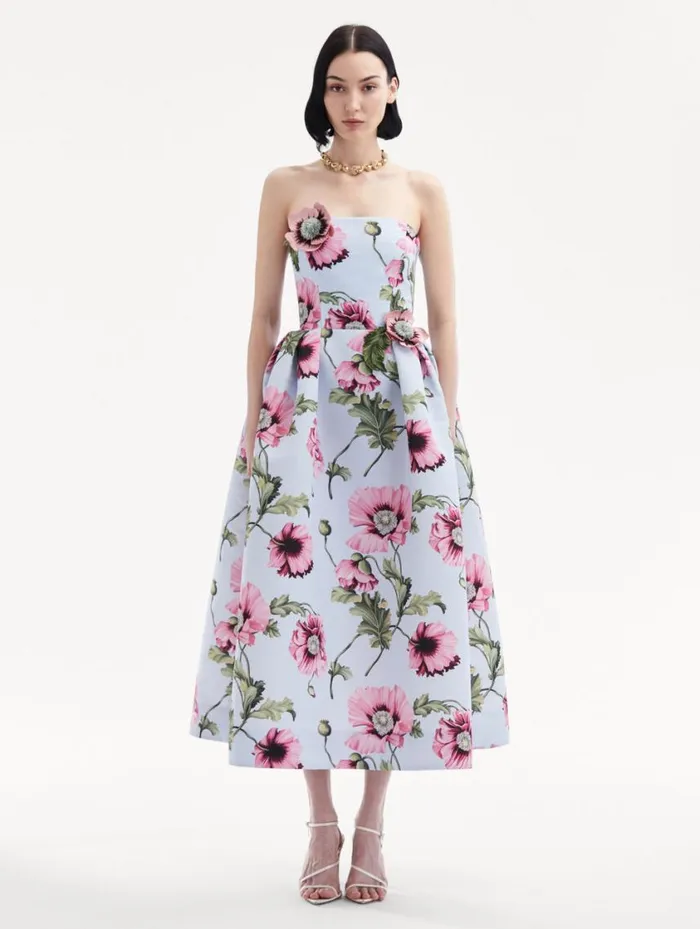 Women Poppy Embroidered Strapless Dress Light Blue Pink Oscar De La Renta Dresses Women Poppy Embroidered Strapless Dress Light Blue Pink Oscar De La Renta Dresses