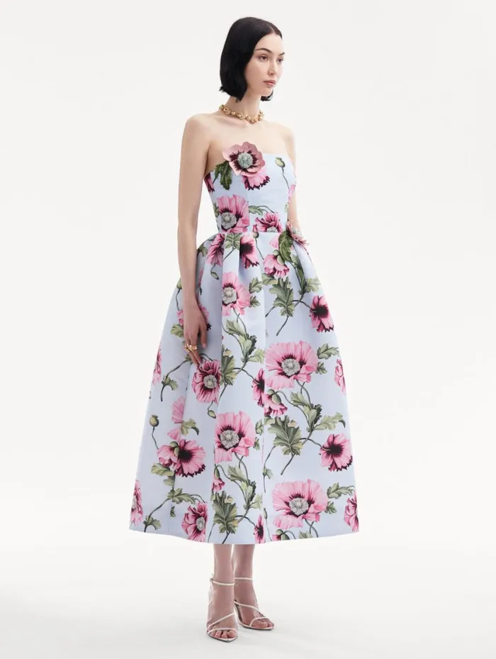 Women Poppy Embroidered Strapless Dress Light Blue Pink Oscar De La Renta Dresses Women Poppy Embroidered Strapless Dress Light Blue Pink Oscar De La Renta Dresses