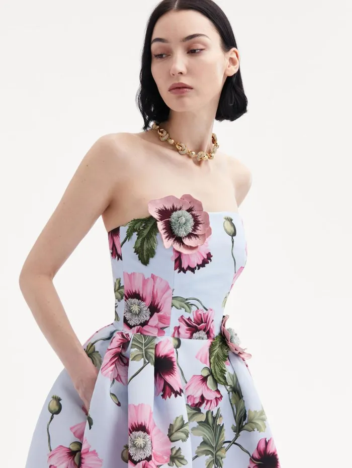 Women Poppy Embroidered Strapless Dress Light Blue Pink Oscar De La Renta Dresses Women Poppy Embroidered Strapless Dress Light Blue Pink Oscar De La Renta Dresses