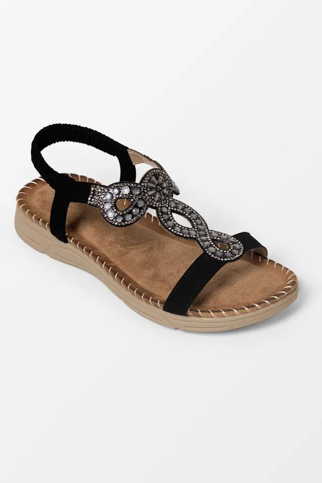 Women Sandals Cupshe Baja Black Open Toe Rhinestone Flat Sandals Black
