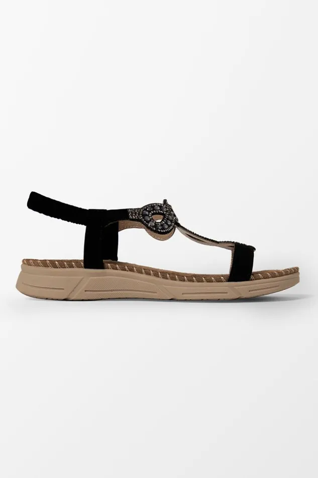 Women Sandals Cupshe Baja Black Open Toe Rhinestone Flat Sandals Black