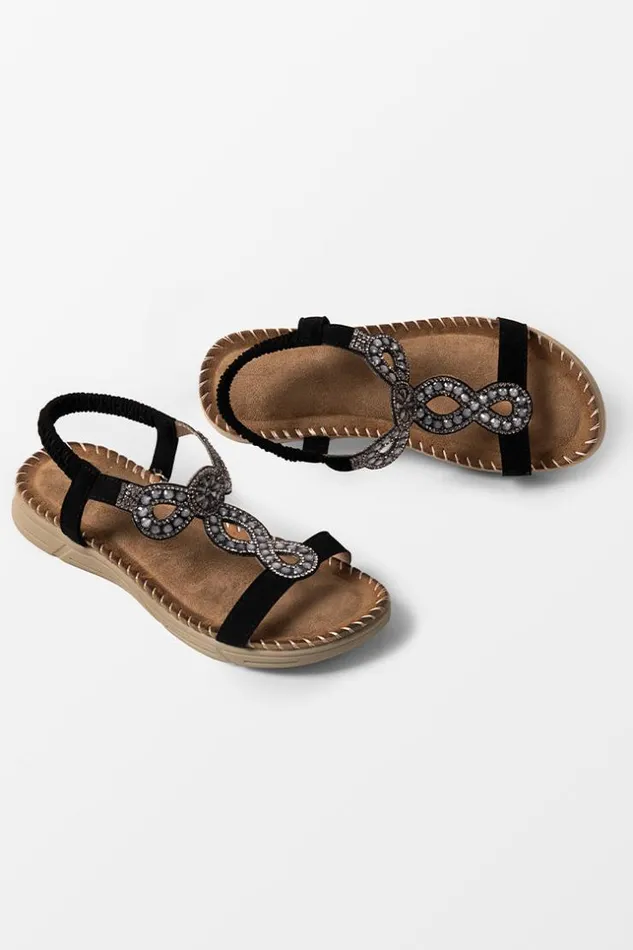 Women Sandals Cupshe Baja Black Open Toe Rhinestone Flat Sandals Black