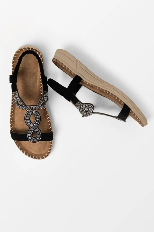 Women Sandals Cupshe Baja Black Open Toe Rhinestone Flat Sandals Black
