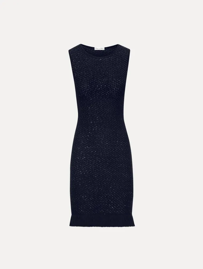 Women Sequin Tweed Dress Navy Oscar De La Renta Dresses