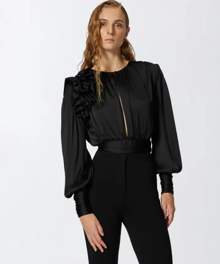 Women Shirts And Blouses Pinko Cropped Satin Blouse With Appliqus Limo Black