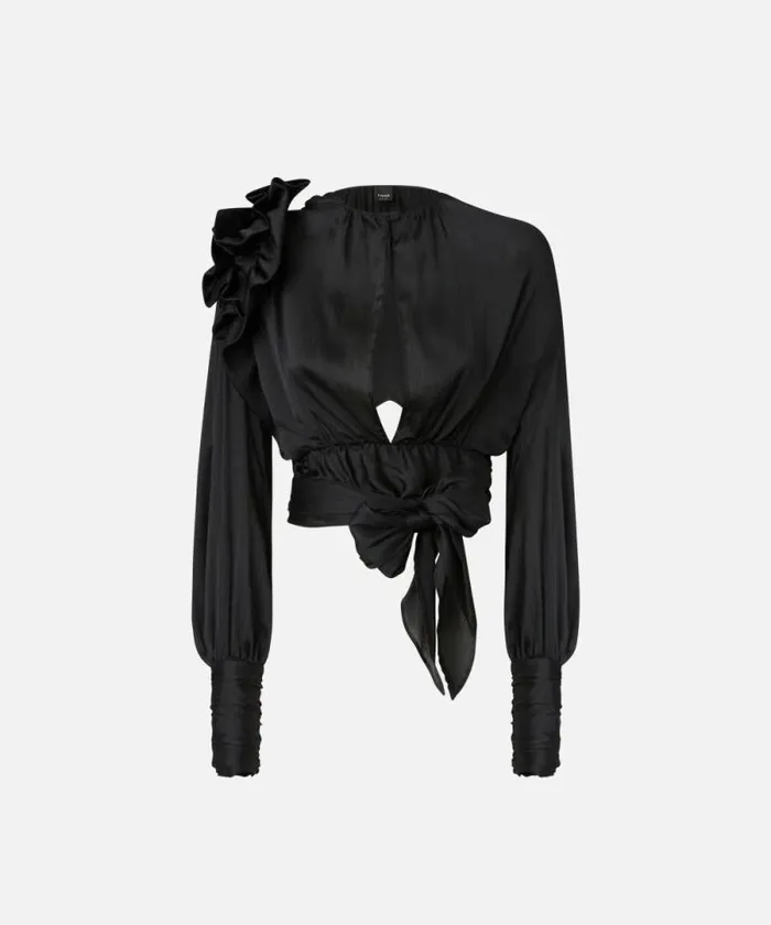 Women Shirts And Blouses Pinko Cropped Satin Blouse With Appliqus Limo Black Women Shirts And Blouses Pinko Cropped Satin Blouse With Appliqus Limo Black