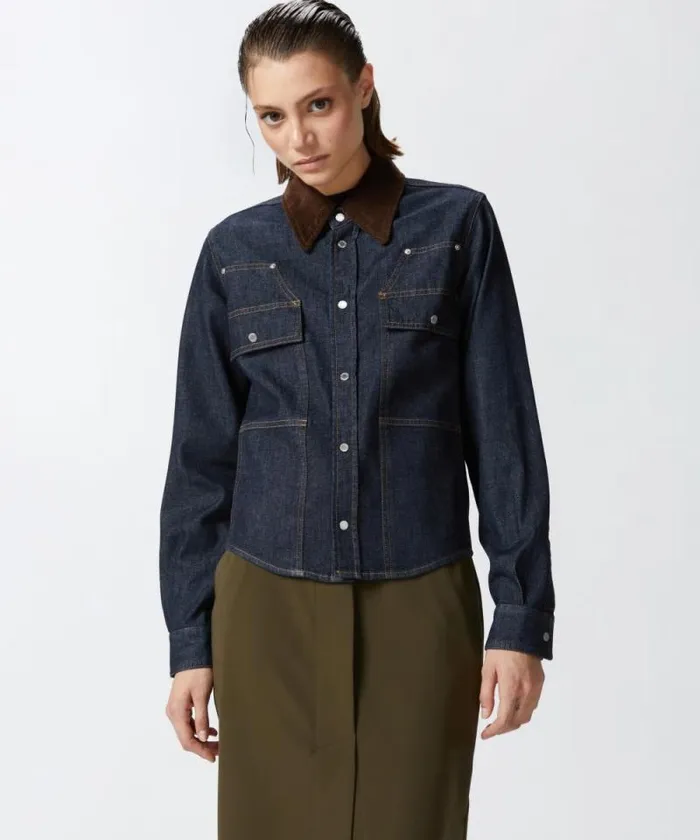 Women Shirts And Blouses Pinko Dark Blue Denim Shirt With Needlecord Collar Dark Navy Rinse Wash Women Shirts And Blouses Pinko Dark Blue Denim Shirt With Needlecord Collar Dark Navy Rinse Wash