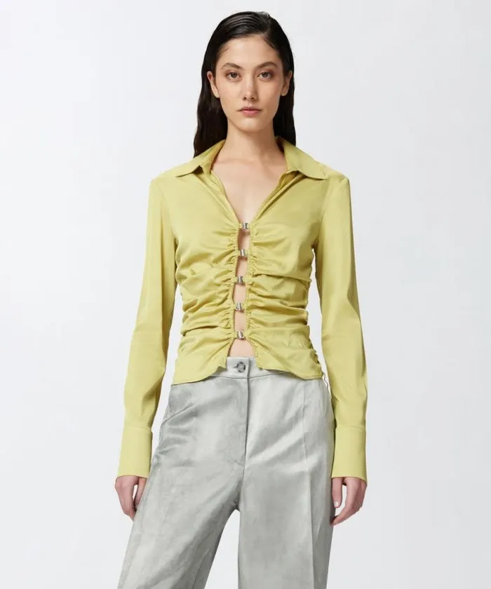 Women Shirts And Blouses Pinko Shiny Shirt With Gathering And Back Opening Shade Green Women Shirts And Blouses Pinko Shiny Shirt With Gathering And Back Opening Shade Green