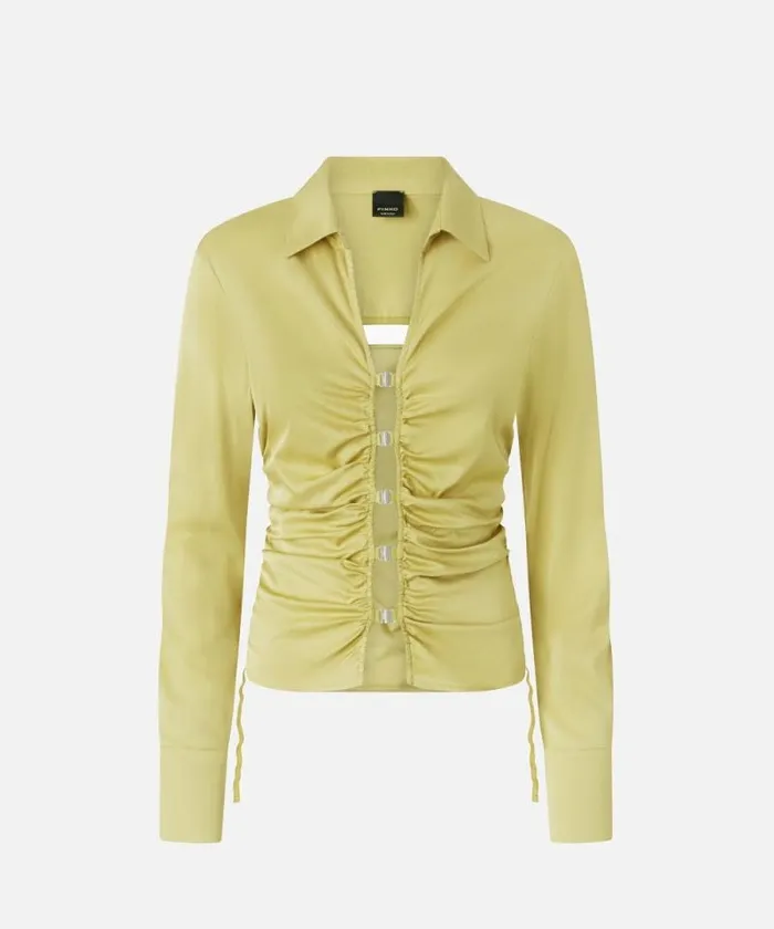 Women Shirts And Blouses Pinko Shiny Shirt With Gathering And Back Opening Shade Green Women Shirts And Blouses Pinko Shiny Shirt With Gathering And Back Opening Shade Green