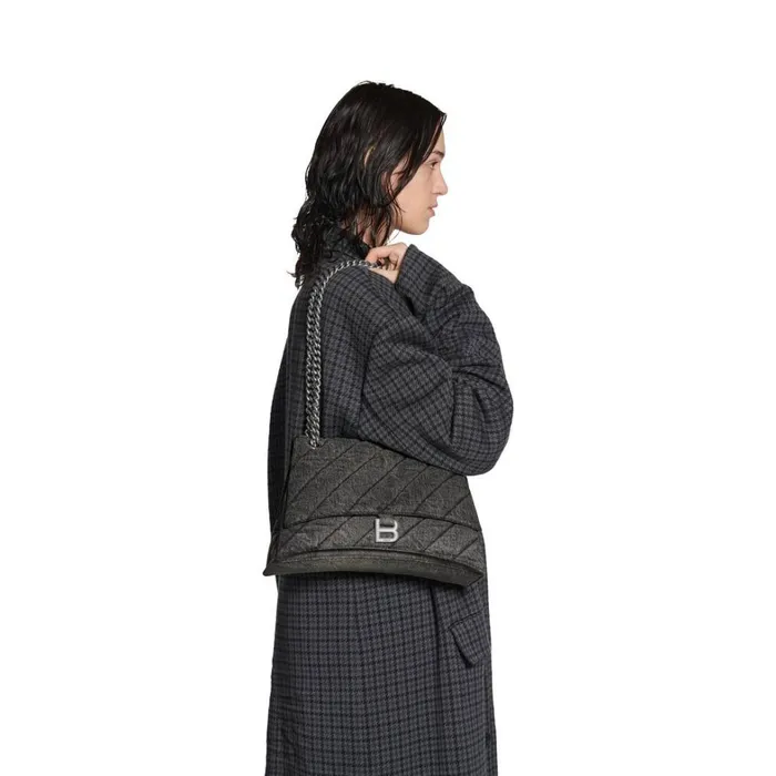 Women Shoulder Bags Balenciaga Crush Medium Chain Bag Quilted Denim In Black