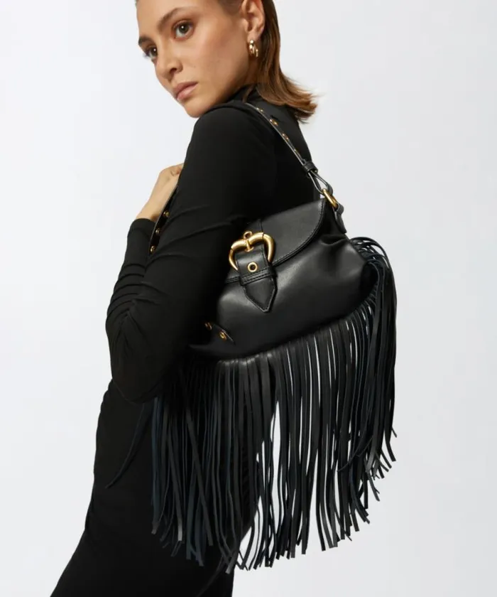 Women Shoulder Bags Pinko Jolene Mini Shoulder Bag With Long Fringing Blackantique Gold Women Shoulder Bags Pinko Jolene Mini Shoulder Bag With Long Fringing Blackantique Gold