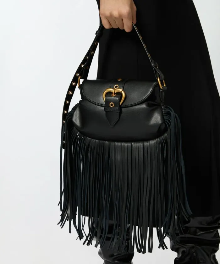 Women Shoulder Bags Pinko Jolene Mini Shoulder Bag With Long Fringing Blackantique Gold Women Shoulder Bags Pinko Jolene Mini Shoulder Bag With Long Fringing Blackantique Gold