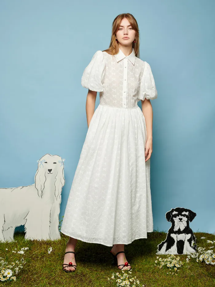 Women Sister Jane Dresses Poodle Bow Embroidered Midi Dress Pearled Ivory