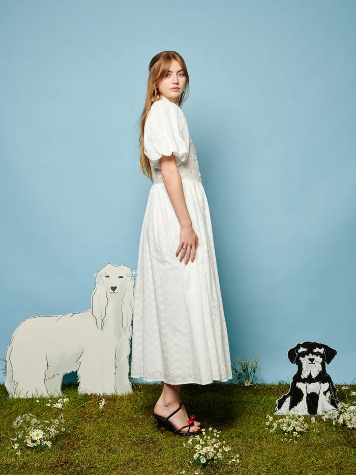 Women Sister Jane Dresses Poodle Bow Embroidered Midi Dress Pearled Ivory