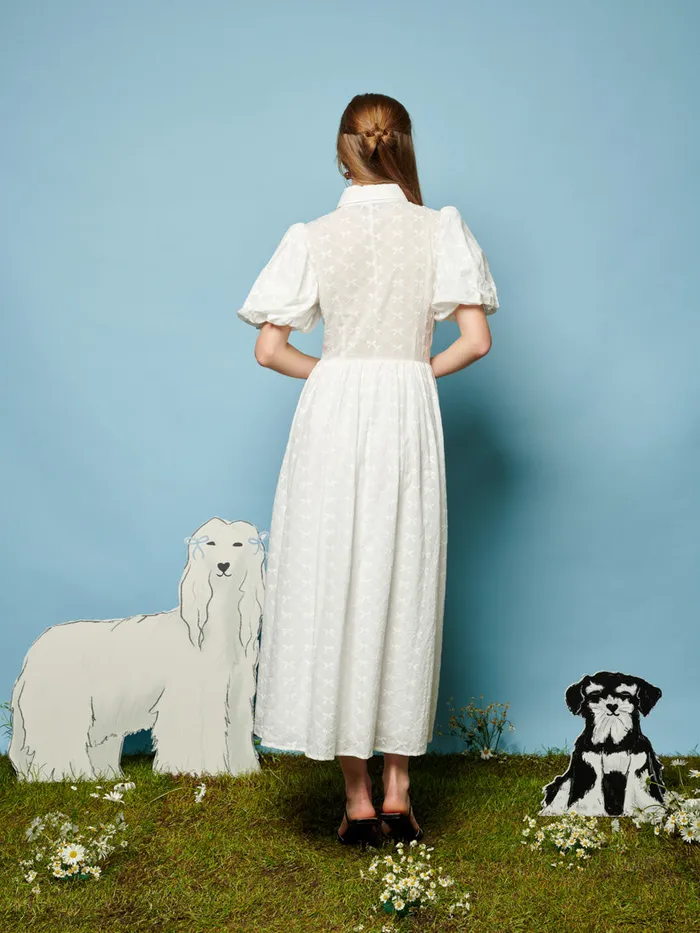 Women Sister Jane Dresses Poodle Bow Embroidered Midi Dress Pearled Ivory