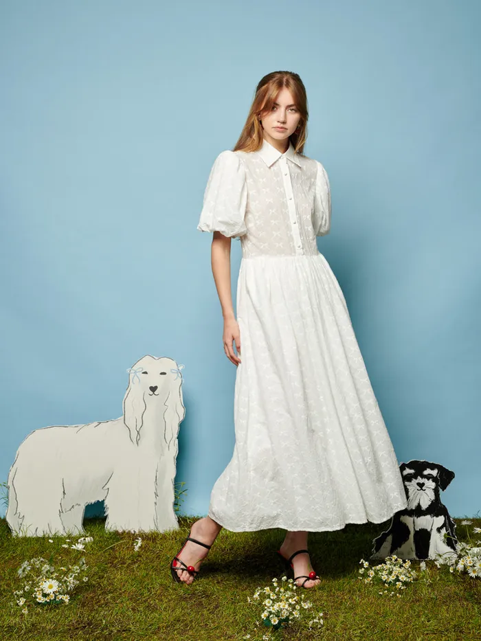 Women Sister Jane Dresses Poodle Bow Embroidered Midi Dress Pearled Ivory