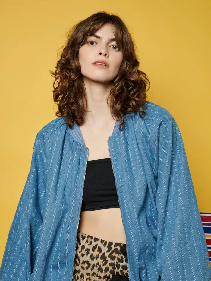 Women Sister Jane Jackets Ghospell Deborah Striped Denim Bomber Jacket Aegean Blue