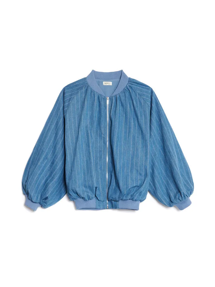 Women Sister Jane Jackets Ghospell Deborah Striped Denim Bomber Jacket Aegean Blue