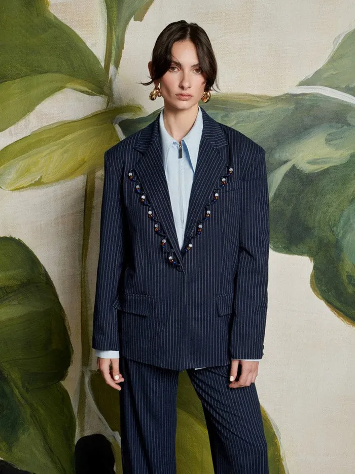 Women Sister Jane Jackets Ghospell Flynn Stripe Blazer Navy Blue