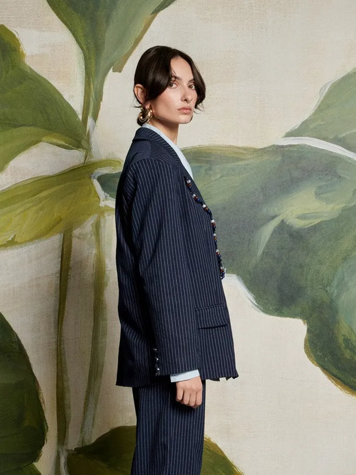 Women Sister Jane Jackets Ghospell Flynn Stripe Blazer Navy Blue