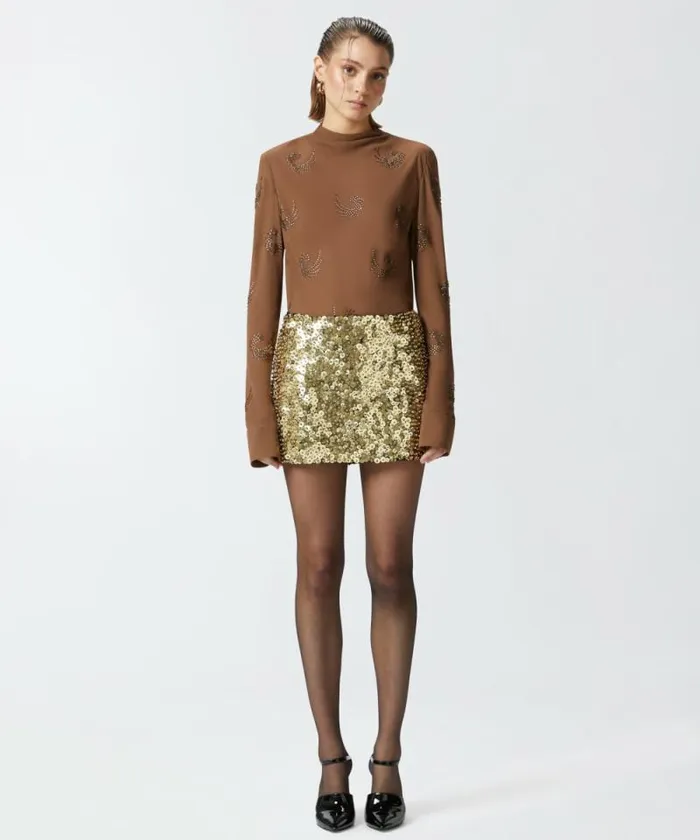 Women Skirts Pinko Mini Skirt With Golden Sequins And Rhinestones Goldcrystal