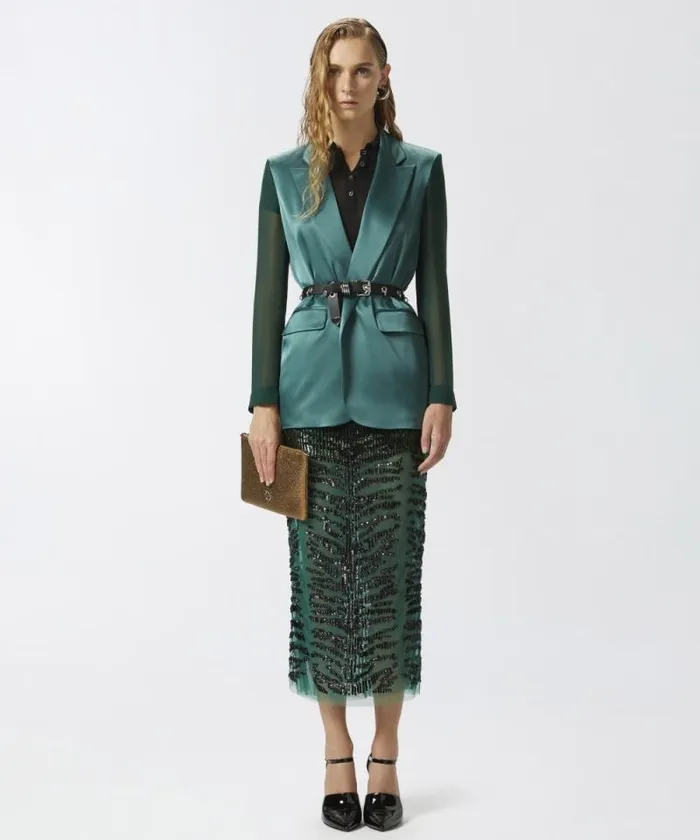 Women Skirts Pinko Pencil Skirt With Zebraeffect Sequin Embroidery Greenblack